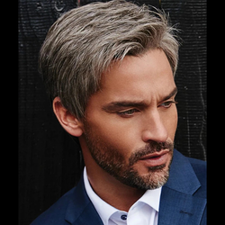 Perruque brésilien pour hommes cheveux gris lisse en fibre synthétiques 8 pouces