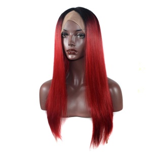 Perruque en fibre synthétique cheveux longs et raides rouges avec dentelle frontale 24pouces