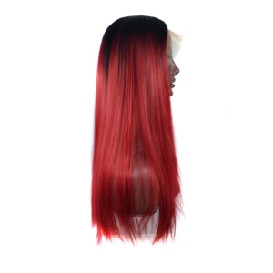 Perruque en fibre synthétique cheveux longs et raides rouges avec dentelle frontale 24pouces