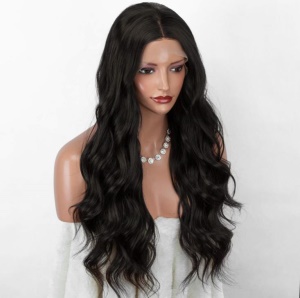Perruque en fibre synthétique cheveux noirs ondulés dentelle frontale