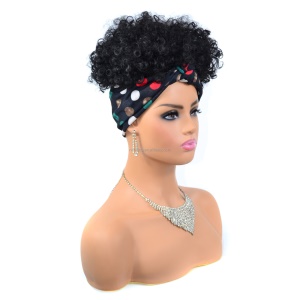 Perruque avec bandeau de 8 pouces aux cheveux noir, duveteux en fibre synthétique résistante à la chaleur