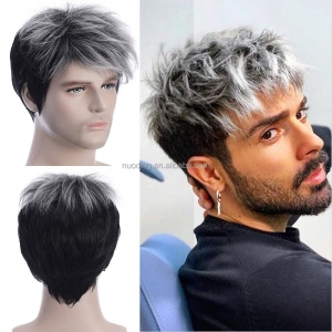 Perruque pour hommes aux cheveux noir-gris en fibre synthétique  gris et noir