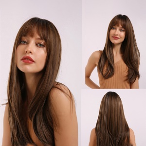 Perruque en fibre synthétique cheveux lisses avec frange 24 pouces