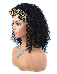 Perruque noir avec bande aux cheveux bouclés en fibre synthétique de 12 Pouces