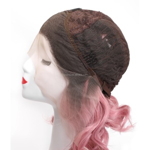 Perruque 12 pouces cheveux ondulé rose-noir avec lace frontale