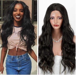 Perruque en fibre synthétique cheveux noirs ondulés dentelle frontale