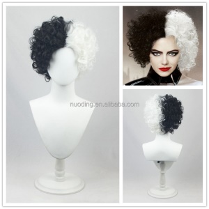 Perruque à fibre synthétique 12 pouces noir et blanc  résistant à la chaleur sans dentelle