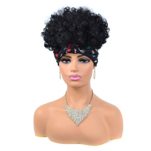 Perruque avec bandeau de 8 pouces aux cheveux noir, duveteux en fibre synthétique résistante à la chaleur