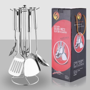 Ensemble de sept pièces d'ustensiles de cuisine en acier inoxydable (spatule/spatule/passoire/cuillère à riz/pêche à nouilles/support de rangement)