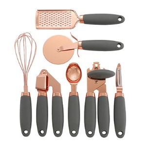 Ensemble de 7 pièces de gadgets de cuisine multifonctions (ouvre-boîte/presse à l'ail/couteau à pizza/cuillère/éplucheur/batteur à oeufs/râpe)