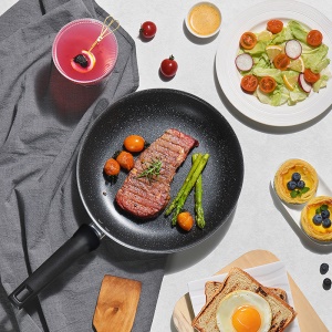 Ensemble   poêle simple +poêle creuse+casserole avec poignée en bois