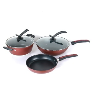 Set de 3 pièces ustensiles de cuisine ensemble de trois pièces (Wok + Casserole + poêle à frire) couvercle en verre