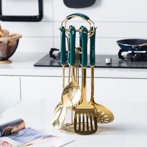 Ensemble de 7 pièces d'ustensiles de cuisine en acier inoxydable (spatule/spatule/cuillère à soupe/passoire/cuillère à riz/cuillère de pêche/support de rangement)