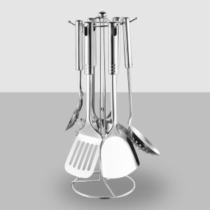 Ensemble de sept pièces d'ustensiles de cuisine en acier inoxydable (spatule/spatule/passoire/cuillère à riz/pêche à nouilles/support de rangement)
