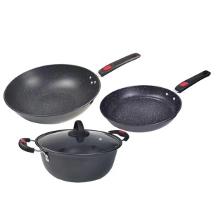 Ensemble   poêle simple +poêle creuse+casserole avec poignée en bois