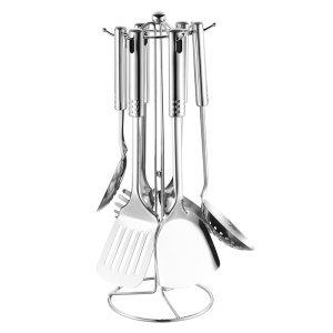 Ensemble de sept pièces d'ustensiles de cuisine en acier inoxydable (spatule/spatule/passoire/cuillère à riz/pêche à nouilles/support de rangement)