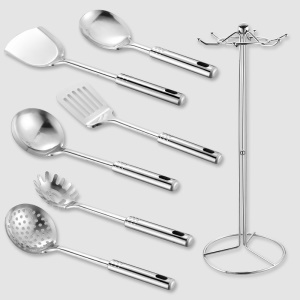 Ensemble de sept pièces d'ustensiles de cuisine en acier inoxydable (spatule/spatule/passoire/cuillère à riz/pêche à nouilles/support de rangement)
