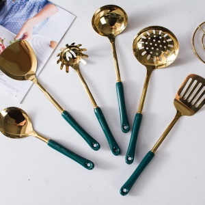 Ensemble de 7 pièces d'ustensiles de cuisine en acier inoxydable (spatule/spatule/cuillère à soupe/passoire/cuillère à riz/cuillère de pêche/support de rangement)