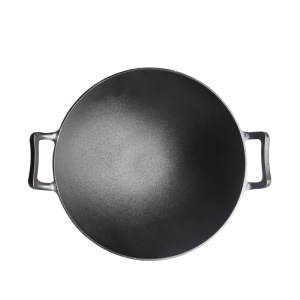 Grand wok en fonte avec fond rond à deux oreilles