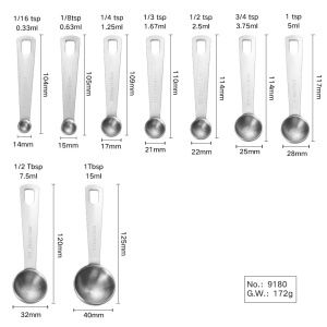 Set de 9 cuillères de mesure en acier inoxydable avec tête ronde polie