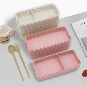 Boîte à lunch à trois couches avec fourchette et cuillère adaptée au micro-ondes Respectueux de l'environnement et biodégradable