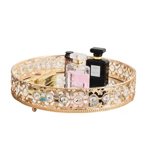 Plateau rond fond de miroir avec cristal décoratif métal plaqué
