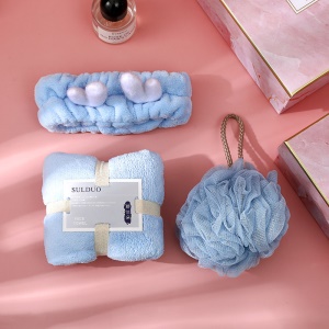 Boîte cadeau de bain 3 pièces (bandeau attache-cheuveux + boule de bain moussante + serviette) polaire de corail