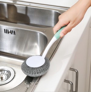 Brosse éponge grattante en acier inoxydable Poignée en plastique suspendue