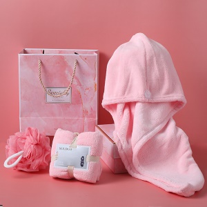 Boîte cadeau de bain 3 pièces (bandeau attache-cheuveux + boule de bain moussante + serviette) polaire de corail