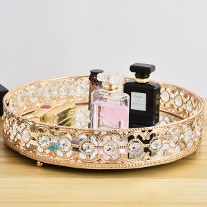 Plateau rond fond de miroir avec cristal décoratif métal plaqué