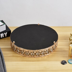 Plateau rond fond de miroir avec cristal décoratif métal plaqué