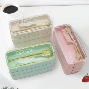 Boîte à lunch à trois couches avec fourchette et cuillère adaptée au micro-ondes Respectueux de l'environnement et biodégradable