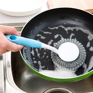 Brosse éponge grattante en acier inoxydable Poignée en plastique suspendue