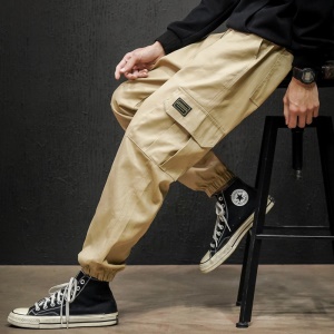 Pantalon décontracté pour homme, jambe nouée, multi-poches, coton