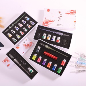 Ensemble de stylo en verre de cristal (stylo + porte-stylo + tasse de lavage + encre)
