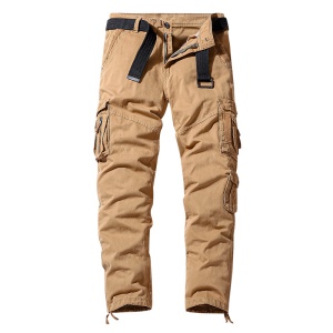 Pantalon casual pour homme en coton avec ceinture et poches multiples