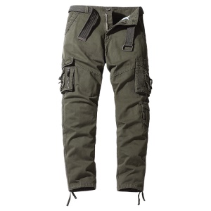 Pantalon casual pour homme en coton avec ceinture et poches multiples