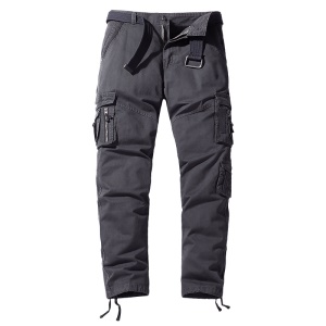 Pantalon casual pour homme en coton avec ceinture et poches multiples