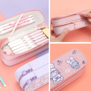 Trousse à fourniture scolaire en cuir synthétique de deux compartiments Grande capacité 21.5*7*7cm
