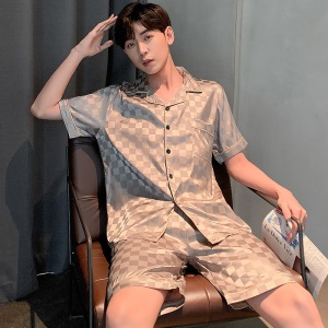Ensemble de pyjama pour hommes (chemise à manches courtes + shorts) soie glacée
