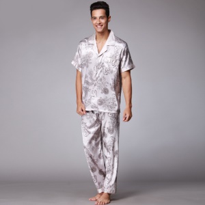Pyjama homme ensemble de 2 pièces (pantalon long + chemise à manches courtes) en soie artificielle avec motif imprimé