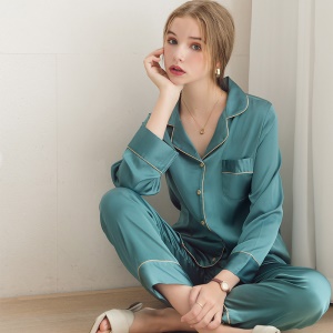 Ensemble pyjama en soie de glace pour couple (revers boutonné à manches longues + pantalon)