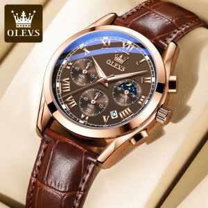 Montre multifonctions OLEVS pour hommes avec bracelet en cuir, étanche et lumineuse