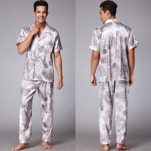 Pyjama homme ensemble de 2 pièces (pantalon long + chemise à manches courtes) en soie artificielle avec motif imprimé