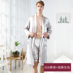 Hommes ensemble de pyjama satin de 2 pièces (pantalon court/long + chemise de nuit à manches longues)