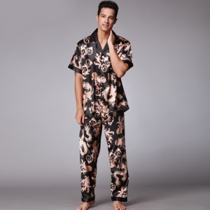 Pyjama homme ensemble de 2 pièces (pantalon long + chemise à manches courtes) en soie artificielle avec motif imprimé