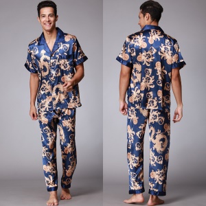 Pyjama homme ensemble de 2 pièces (pantalon long + chemise à manches courtes) en soie artificielle avec motif imprimé