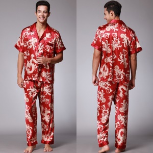 Pyjama homme ensemble de 2 pièces (pantalon long + chemise à manches courtes) en soie artificielle avec motif imprimé