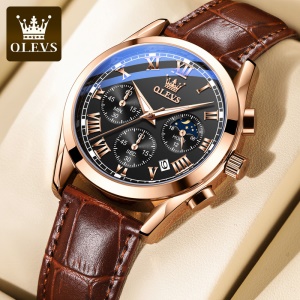 Montre multifonctions OLEVS pour hommes avec bracelet en cuir, étanche et lumineuse