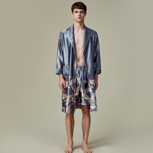 Hommes ensemble de pyjama satin de 2 pièces (pantalon court/long + chemise de nuit à manches longues)